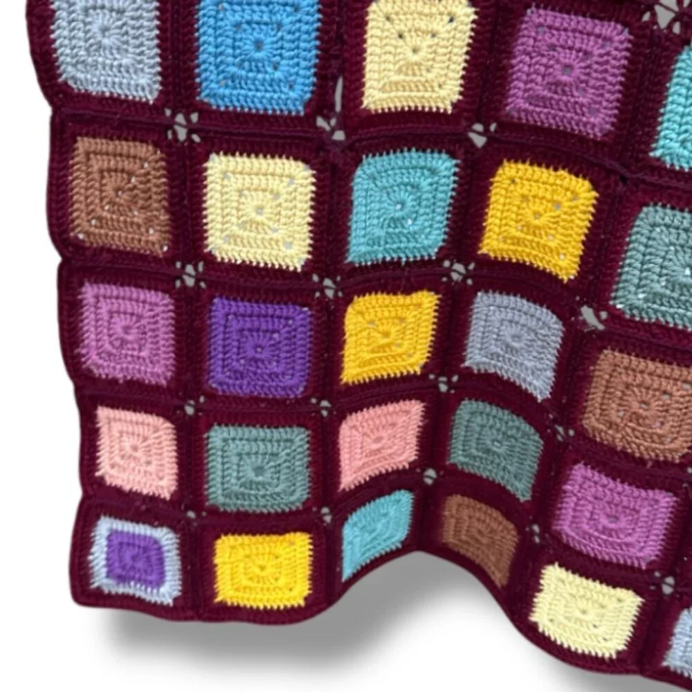 Vintage‎ Burgundy Colorful Granny Square Afghan Blanket Crochet Throw 52